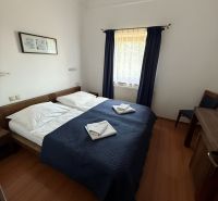 Kétszemélyes ágyas szoba kék takaróval és fa mintázatú padlóval a szállodákban és panziókban.