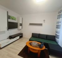Garzonlakás kanapéval, dohányzóasztallal és fa mintázatú padlóval.