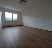 Szoba egy háromszobás lakásban fa dekoros padlóval, nagy ablakkal és radiátorral.