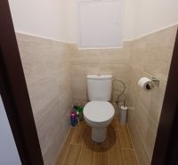 WC fa dekorációjú csempével és padlóval egy háromszobás lakásban.