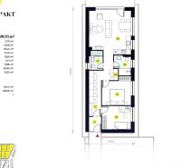 Háromszobás bungaló alaprajza hálószobákkal és nappalival egy családi házban.