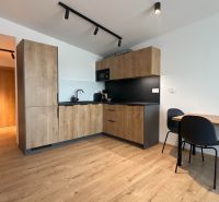 Konyha a nyaraló apartmanban fa dekor padlóval és fa szekrényekkel.