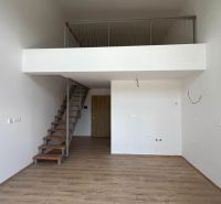 Nyaraló apartman belső tere fa dekor padlóval és galériával lépcsővel.