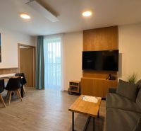 Nappali egy üdülő apartmanban fa dekor padlóval és kényelmes kanapéval.