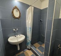 Fürdőszoba egy kétszobás lakásban mosdóval, tükörrel és zuhanyzóval, kék csempékkel.