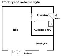 1 szobás lakás alaprajza előszobával, szobával, konyhával, fürdőszobával és erkéllyel.