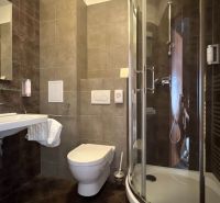 Fürdőszoba egy kétszobás lakásban WC-vel, mosdóval, zuhanyzóval és sötét csempékkel.