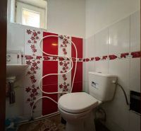Fürdőszoba egy családi házban piros csempékkel és WC-vel.