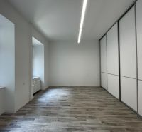 Iroda belső tér fapadlóval és beépített szekrénnyel.