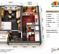 1 szobás lakás alaprajza nappalival, konyhával és lodžiával. Teljes terület 36,65 m².