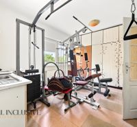 Fitnesz létesítmény családi házban edzőgépekkel és mosdóval.