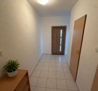3 szobás lakás belső tere járólappal, szobanövénnyel és faajtókkal.