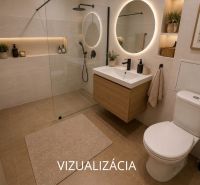 Modern fürdőszoba fával, zuhanyzóval, világított tükörrel és dekoratív elemekkel egy kétszobás lakásban.