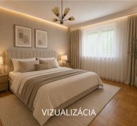 Hálószoba egy kétszobás lakásban függönyökkel, szőnyeggel és fa dekorációjú padlóval.