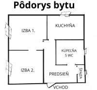 2 szobás lakás alaprajza: szobák, konyha, fürdőszoba WC-vel és kamra.