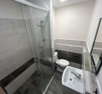 Fürdőszoba a garzonlakásban vékony zuhanyfülkével, mosdóval és WC-vel.