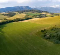 Kilátás a kiterjedt mezőkre Liptovský Trnovecben a hegyekkel. Különleges ingatlanok.