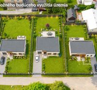 Lakóterületek vizualizációja Dúbravában három családi házzal és zöldterülettel.