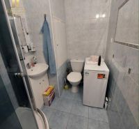Fürdőszoba egy egyszobás lakásban kék csempével, zuhanyzóval és WC-vel.