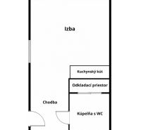 1 szobás lakás alaprajza szobával, konyhasarokkal és fürdőszobával WC-vel.