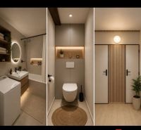 Fürdőszoba káddal és tükörrel, modern WC és bejárati ajtó egy kétszobás lakásban.