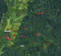 Légi felvétel a mezőgazdasági és erdőterületekről Ľubica környékén, a határok megjelölésével.