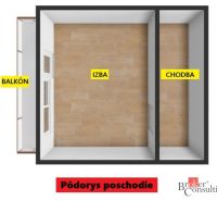 2 szobás lakás alaprajza erkéllyel és fa dekorációs padlóval.