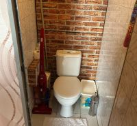 Fürdőszoba egy háromszobás lakásban WC-vel, téglamintával és tisztítószerekkel.