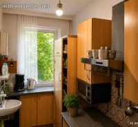 Konyha egy családi házban fa dekorációjú szekrényekkel és háztartási gépekkel.