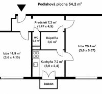 54,2 m²-es, erkélyes és konyhás, 2 szobás lakás alaprajza.