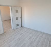 Szoba fa dekorációjú padlóval és fehér ajtókkal egy kétszobás lakásban.