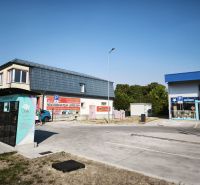 Üzlethelyiségek az SNP utcában, Šaľa városában, parkolóval és reklámfeliratokkal.