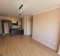 Nappali tér konyhasarokkal és fa dekoros padlóval a Nyaraló apartmanban.