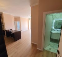 Rekreációs apartman fa dekor padlóval és modern fürdőszobával.