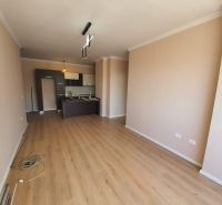 Konyha a nyaraló apartmanban fa dekor padlóval és finom színekkel a falakon.