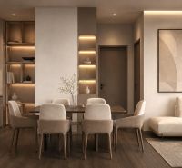 Étkező sarok és konyha a Nyaraló apartmanban fa dekor padlóval.
