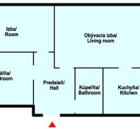 3 szobás lakás alaprajza hálószobával, nappalival, konyhával és erkéllyel.