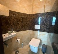 WC mosdóval a háromszobás lakásban, kőburkolat és padló.