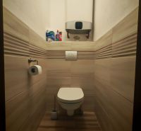 Fürdőszoba egy kétszobás lakásban WC-vel, falai és padlója fa hatású csempével burkolva.