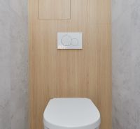 WC rejtett rendszerrel, fa dekor padlóval egy háromszobás lakásban.