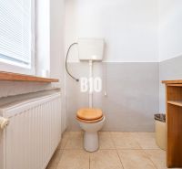 WC ablakkal, radiátorral és tárolóhellyel a családi házban.