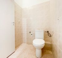Fürdőszoba egy kétszobás lakásban bézs csempékkel és WC-vel.
