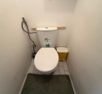 A fehér falakkal és csempékkel rendelkező háromszobás lakás WC-je.