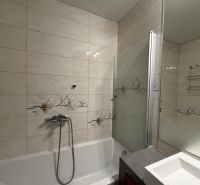Fürdőszoba egy háromszobás lakásban zuhanyzóval és virágos csempével.