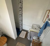 Fürdőszoba WC-vel, mosdóval és zuhanyzóval egy egyszerűen kialakított faházban.
