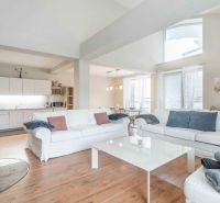 Világos nappali kandallóval, kanapékkal, konyhával és fa dekorációjú padlóval egy üdülő apartmanban.
