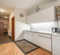 Konyhasarok konyhapulttal és mikrohullámú sütővel, fa hatású padlóval egy üdülő apartmanban.