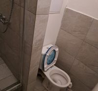 Fürdőszoba WC-vel és zuhanyzóval a garzonlakásban.