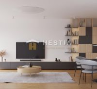 Nappali egy családi házban fa mintázatú padlóval, televízióval és étkezőasztallal.