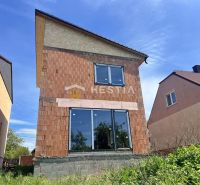 Családi ház Cerován befejezetlen téglahomlokzattal és nagy üvegajtókkal.